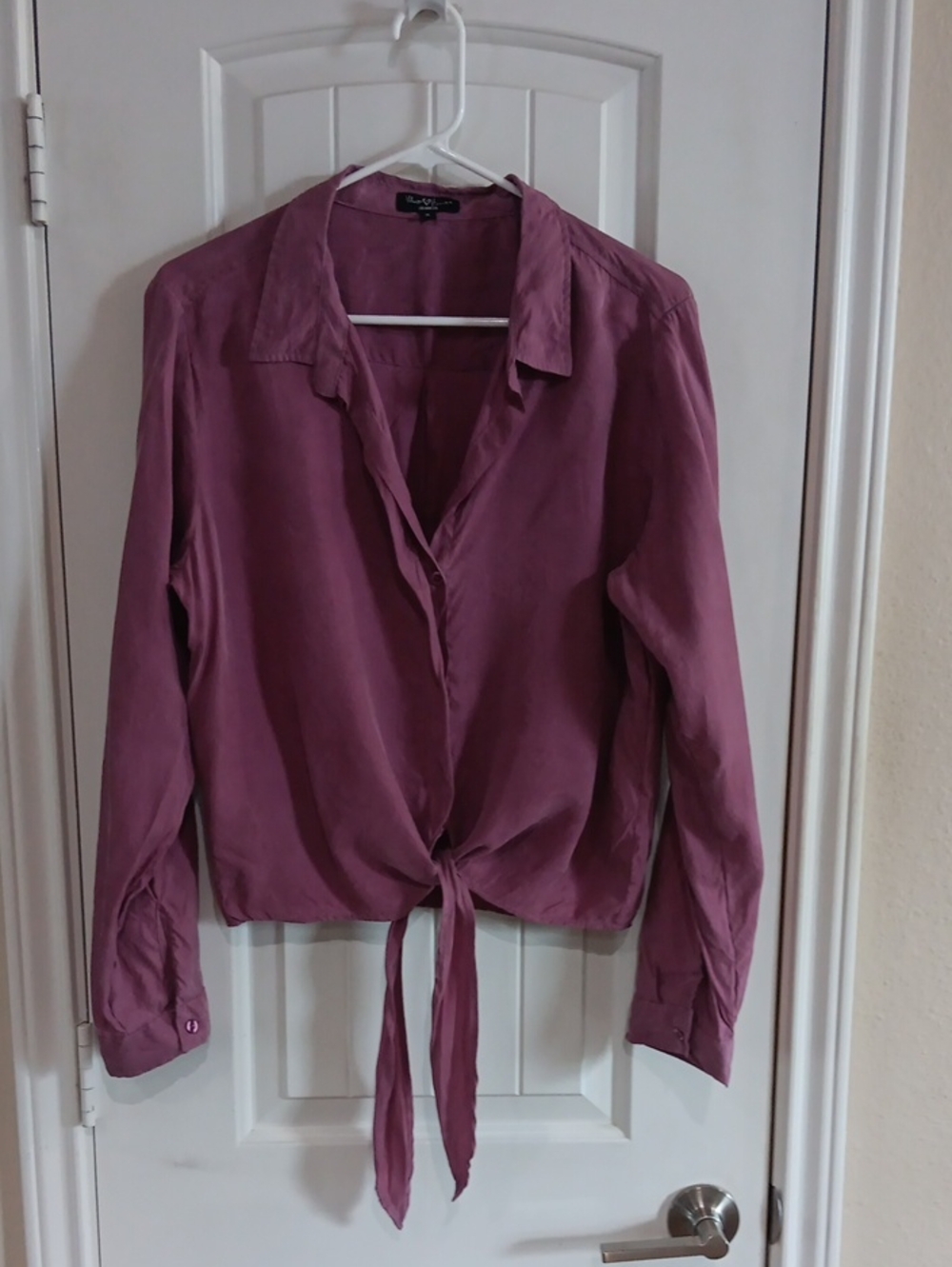 Velvet Heart Tie-Front Button Down Cropped Blouse XL Mauve Silky Cupro Viscose